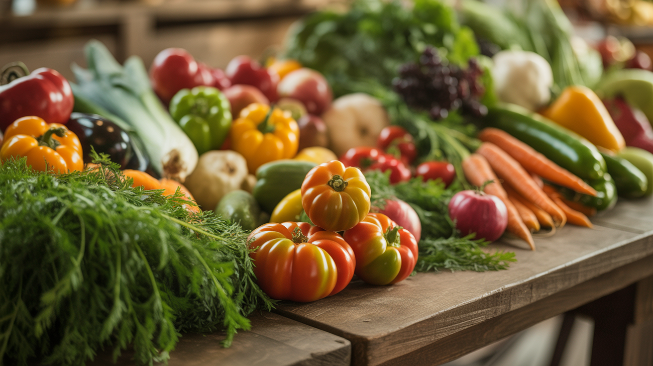 Fresh organic produce displayed at farmers market stall